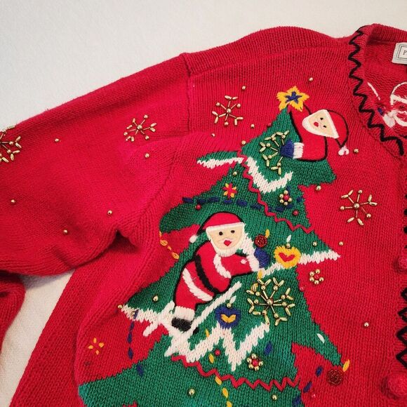 Vtg Parisian Works Christmas Cardigan Santa Christmas Tree Beaded Embellished M - Picture 8 of 12